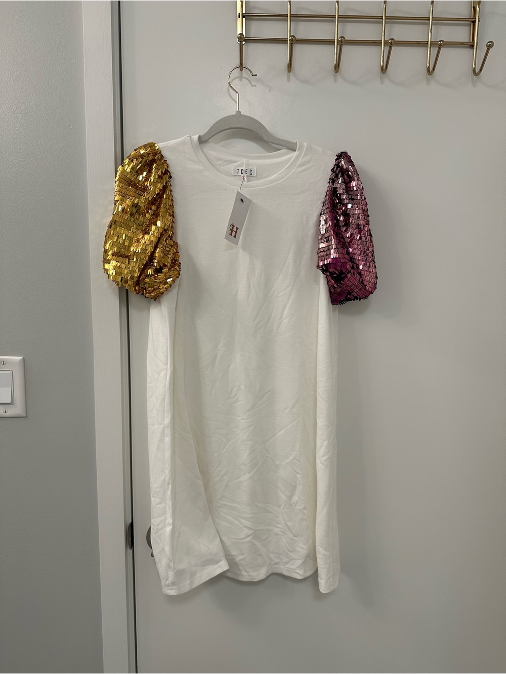 White Mini Dress with Gold & Purple Sequin Puff Sleeves